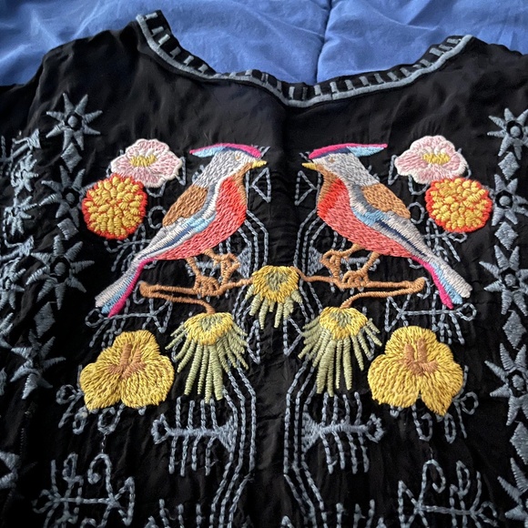 Johnny Was black heavily embroidered LS top birds RARE - Picture 4 of 16